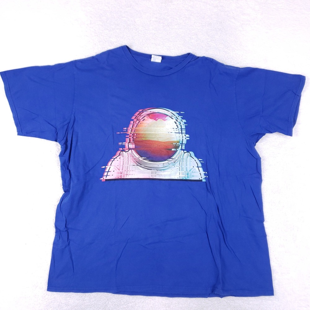 Port & Company T Shirt Mens 3XL Blue Astronaut Glitch Graphic Cotton Modern